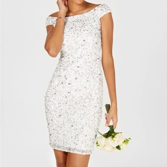 Adrianna Papell Ivory Sequin Off-Shoulder Mini Dress - Picture 1 of 16